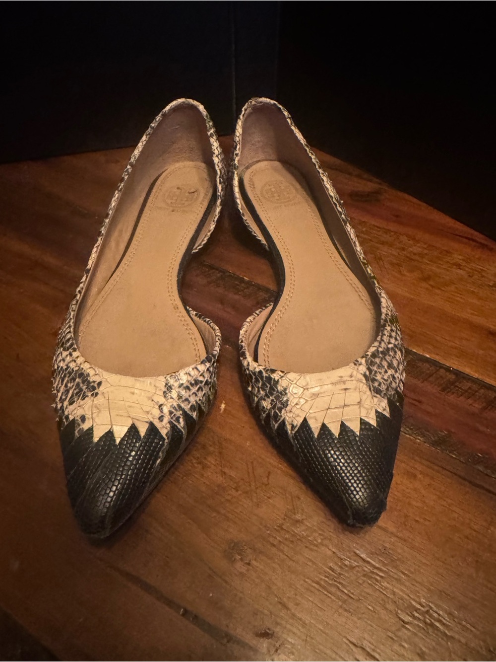 Tory Burch Black and Cream Pointed Toe Snake-Embossed Flats